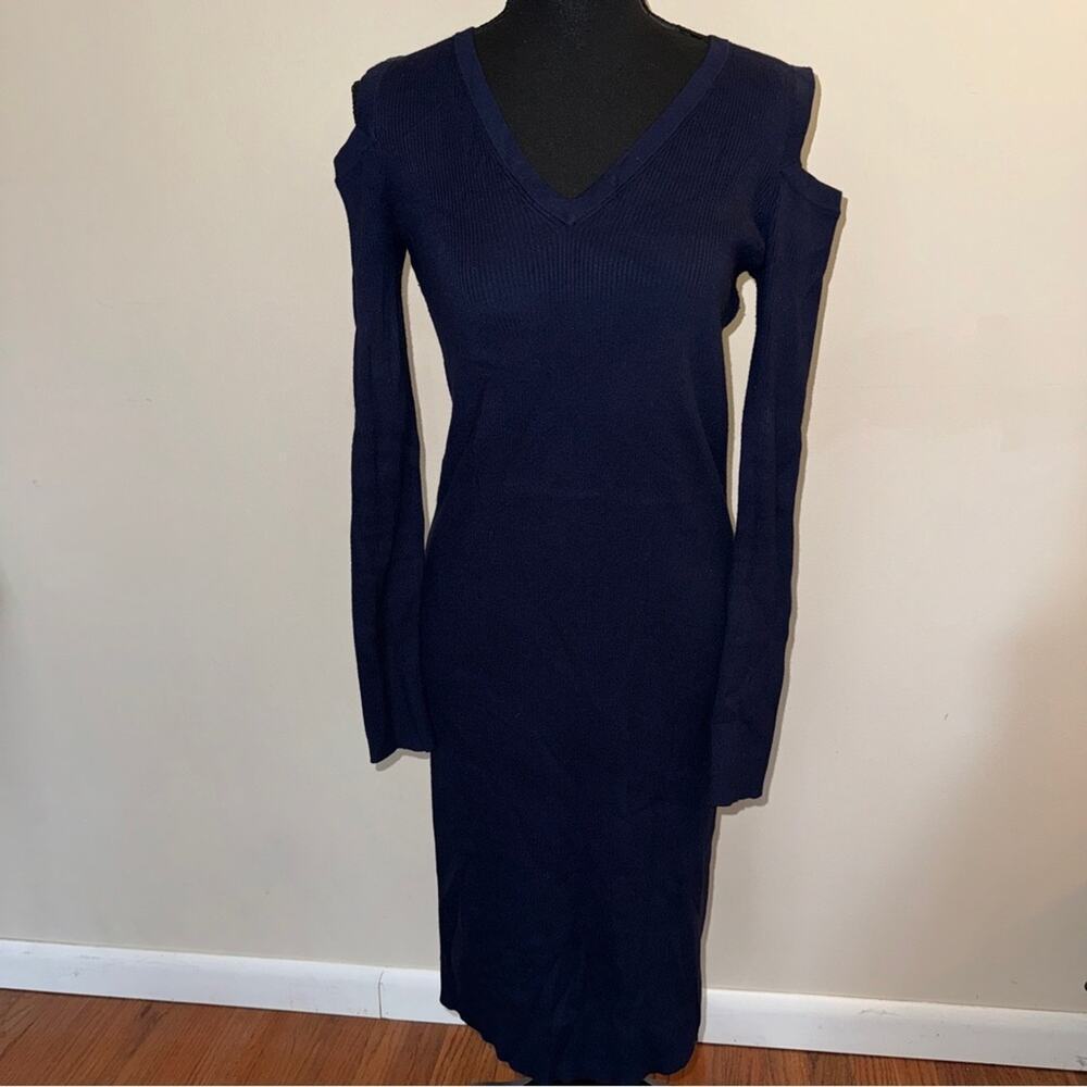 Lauren Ralph Lauren Navy Blue Ribbed Cold Shoulder Midi Sweater Dress Size M